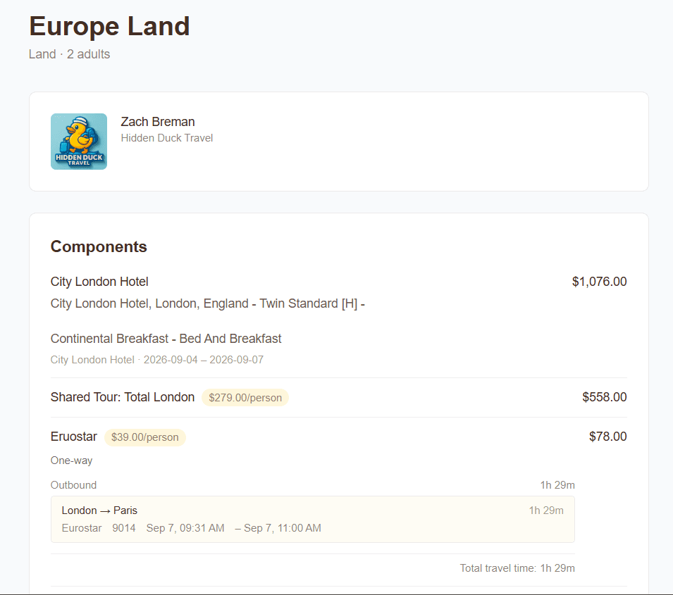 My Travel Quote interface showing the modular quote editor with flight, hotel, and tour components