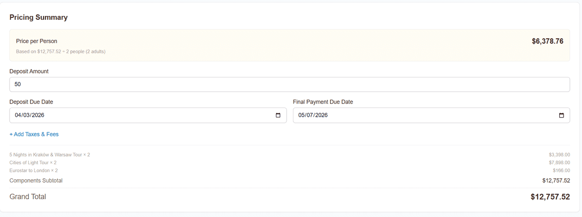 Quote summary view showing a complete pricing breakdown and trip overview